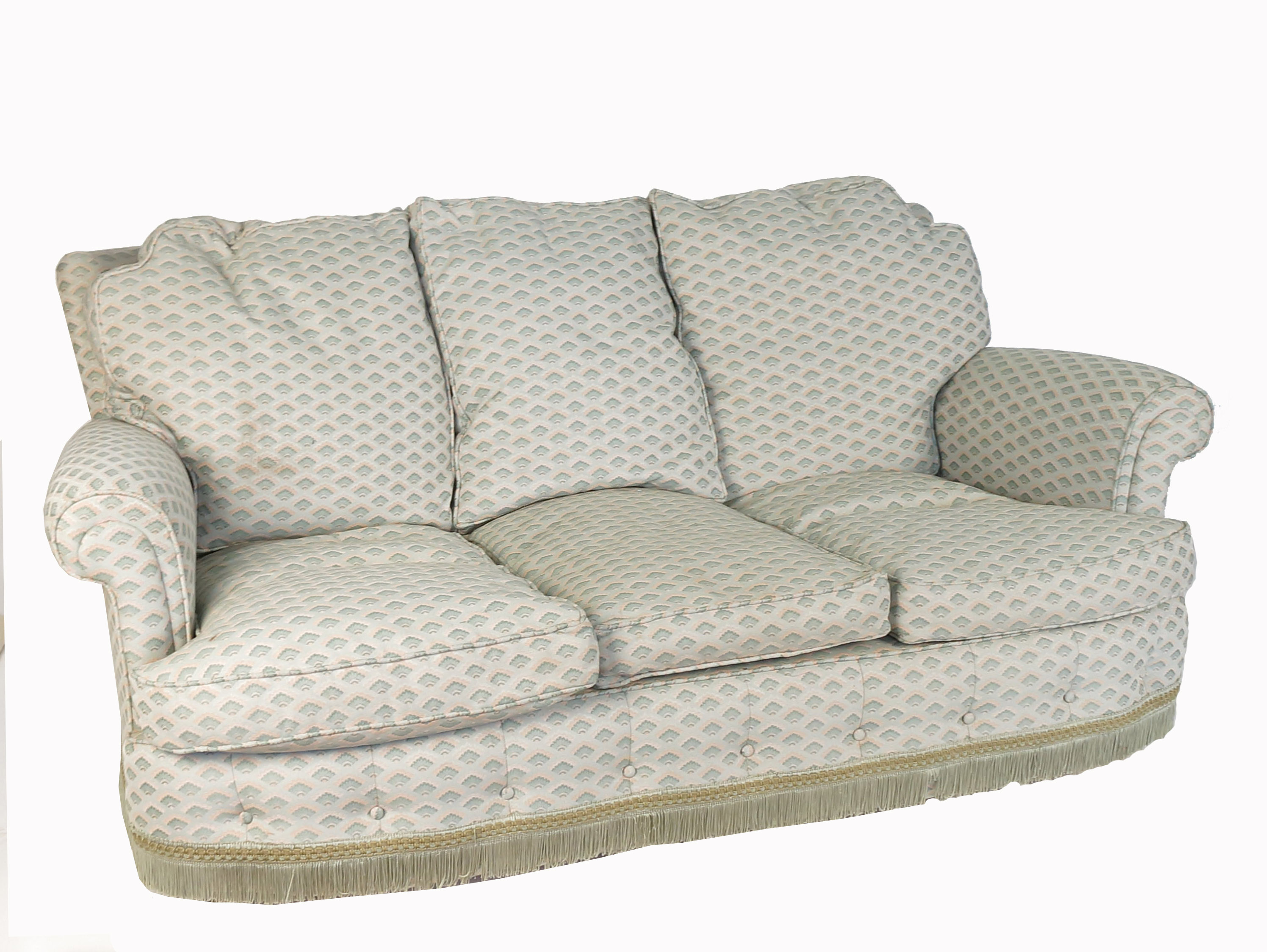 A three piece suite, with feather cushions