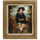 An oil on panel, girl in Victorian dress sitting on a fence, 11ins x 9.25ins