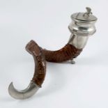 A silver plated and rams horn table top snuff mull, by W & Co Sharrow, with bird finial to the