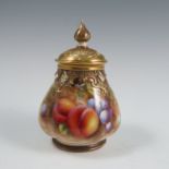 A Royal Worcester covered quarter lobed vase, decorated half round with hand painted fruit, possibly