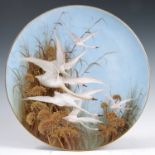 A Royal Worcester wall plate, decorated with six Swans in flight and foliage to a powder blue