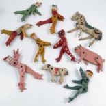 A collection of vintage toys, to include articulated wooden figure, cut outs etc, together with