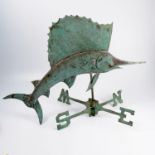 A metal weather vane, modelled as a Sail fish - max width 31ins, height to top of sail 22ins