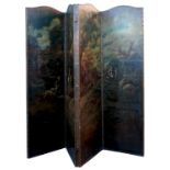 An oil on leather five fold screen, decorated with rural scenes, signed and possibly the work of