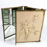 A 19th century French Aesthetic Movement brass triptych dressing table mirror, having two