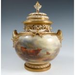 A Royal Worcester covered Bow piece vase, decorated with Highland cattle in landscape to the front