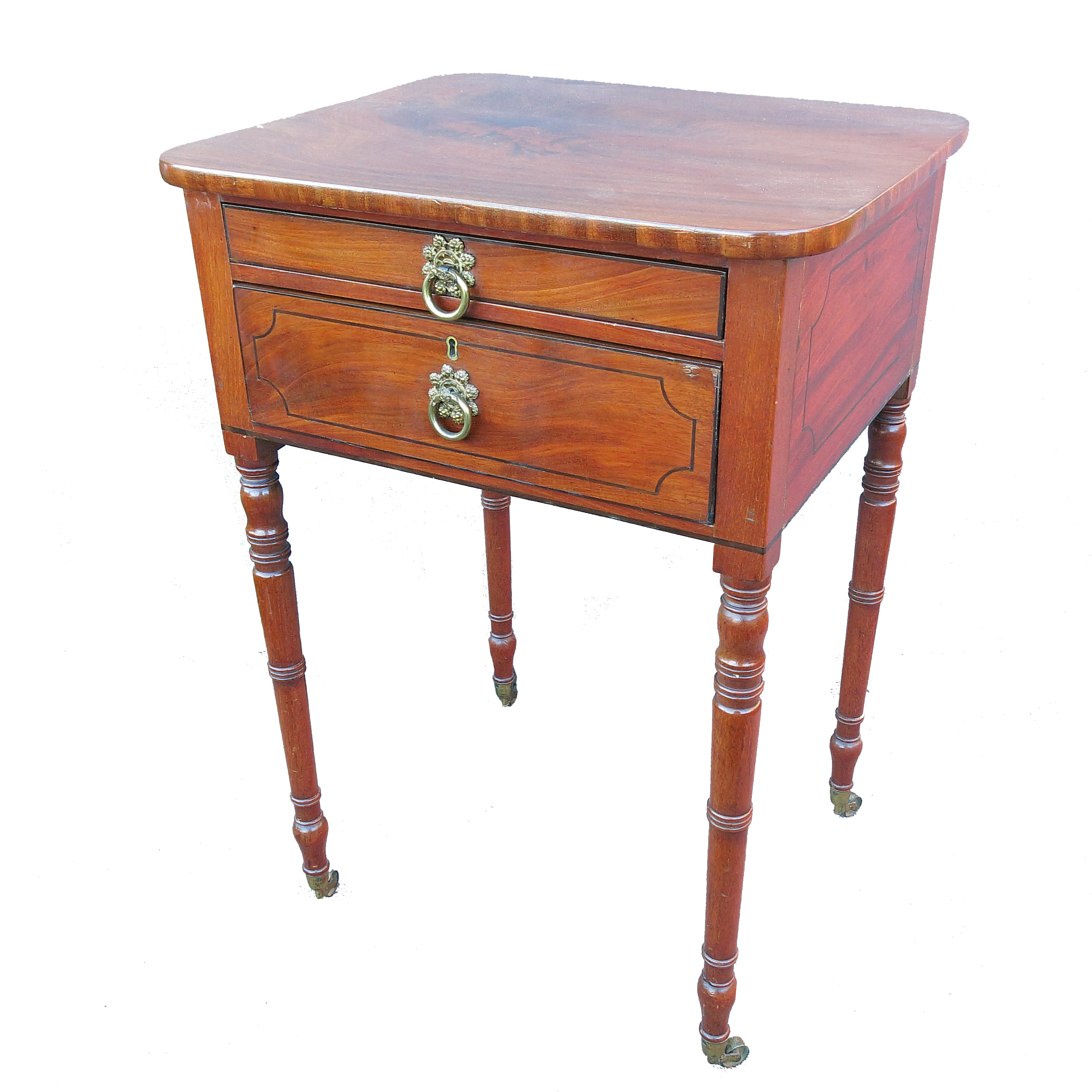 A 19th century mahogany work table, fitted with a small drawer, raised on turned legs, height 30ins,