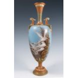 A Royal Worcester pedestal vase, decorated with five Swans in flight and foliage to a powder blue