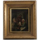 A 19th century oil on copper, interior scene with three figures reading a letter, 7.5ins x 6ins