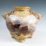 A Royal Worcester blush ivory vase, decorated to the front with Highland cattle in landscape and a