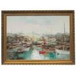 P Mond, oil on canvas, French harbour scene, 39ins x 27ins