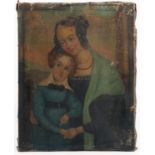 A 19th century oil on canvas, portrait of a mother and her child, af, 15.25ins x 12ins