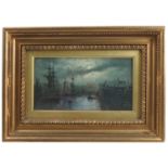 A 19th century English School, oil on wooden panel, Harbour scene by moonlight, with boats, 5ins x