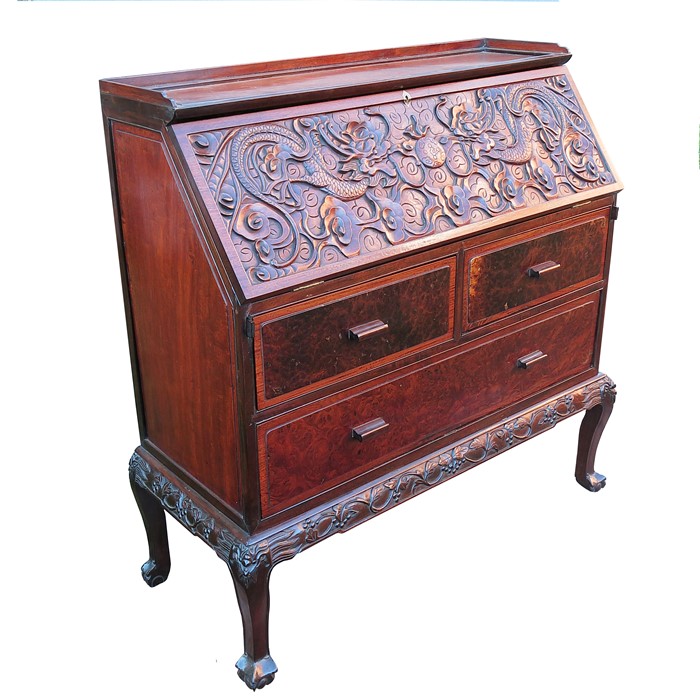 A 19th century Chinese Huanghuali style bureau, the fall flap carved with a pair of dragons and a - Image 2 of 2