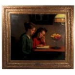 Carl Watzelham, oil on canvas, The Reading Lesson, 24ins x 28insCondition Report: Good condition.