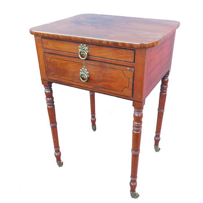 A 19th century mahogany work table, fitted with a small drawer, raised on turned legs, height 30ins, - Image 2 of 2