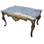 A marble topped double serpentine shaped gilt metal coffee table, raised on cabriole legs, width