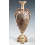 A Royal Worcester pedestal blush ivory vase, the body decorated with pheasants in landscape to the