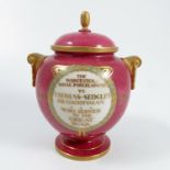 A Royal Worcester covered vase, with presentation inscription The Worcester Royal Porcelain Co Ltd