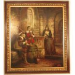 Depre, oil on canvas, medieval scene with three figure drinking in a wine cellar, 31ins x 27ins