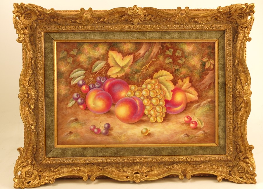 A Royal Worcester limited edition set of three framed porcelain plaques, painted with fruit to a