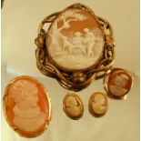 A shell cameo brooch pendant, stamped '750', together with a shall cameo ring, stamped '9ct', a pair