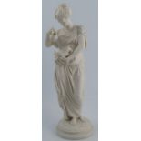 A 19th century parian figure, of a girl holding an oil lamp and a jug, in the Classical style,