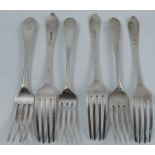 A set of six Scottish silver dessert forks, engraved with a crest, motto and initials, Edinburgh