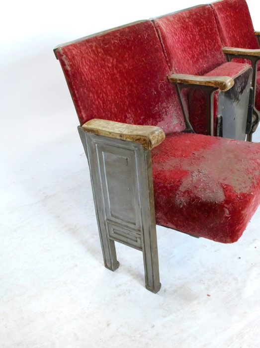 Six sections each of three cinema seats, with folding seat, red upholstery, wooden arms and  metal - Image 2 of 2