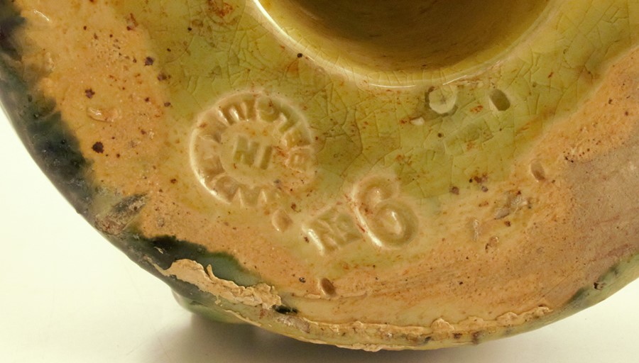 A pair Thulin Belgium pottery chamber sticks, in the style of Christopher Dresser, decorated in - Image 3 of 3