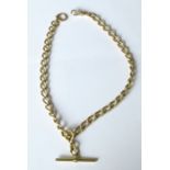 An 18 carat gold watch chain, with T bar, a swivel and a bolt ring, 38cm long, 57.4g