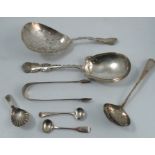 A collection of hallmarked silver and other flatware, to include a serving spoon, with scroll