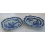 Two Chinese octagonal shaped tureen stands, decorated in blue and white with pagodas in a landscape,