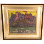 Masaji Nishimusa, oil on canvas, landscape of Sakurajima, 18ins x 21ns