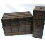 A metal and wooden bound strong box, with cuttings on the interior, 38ins x 23ins, height 26ins,