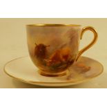 A Royal Worcester miniature coffee cup and saucer, decorated with Highland cattle by H Stinton,