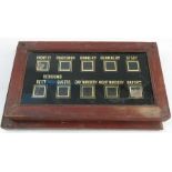 A set of country house servant bell display box, of rectangular form, the black glass front with ten