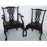 A set of 7 (6 + 1) Irish Chippendale style mahogany dining chairs, with pierced splat back, drop-