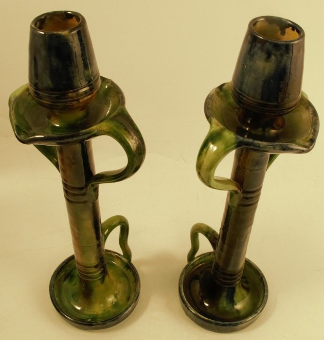 A pair Thulin Belgium pottery chamber sticks, in the style of Christopher Dresser, decorated in - Image 2 of 3
