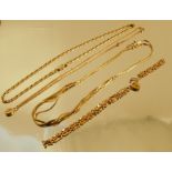 A collection of 9 carat gold chains, together with a gate bracelet, 33.9g gross