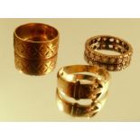 A 9 carat gold buckle ring, together with a 9 carat gold wedding ring and a synthetic set eternity