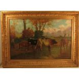 A 19th century oil on canvas, landscape with cattle, water and trees, monogrammed GB, 23ins x 35ins