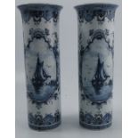 A pair of 20th century Delft vase, of cylindrical form, decorated in blue and white with boats in