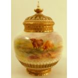 A Royal Worcester crown top pot pourri, decorated with Highland cattle in a landscape with a