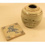 A provincial Chinese pottery ginger jar, decorated with a landscape, lacking cover, height 6.5ins,