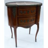 A marble top kingwood cabinet, fitted with two drawers and raised on slender legs, having a