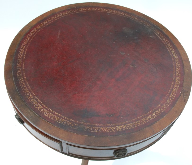 A mahogany drum table, fitted with three short drawers and three dummy drawers, raised on a turned - Image 3 of 3