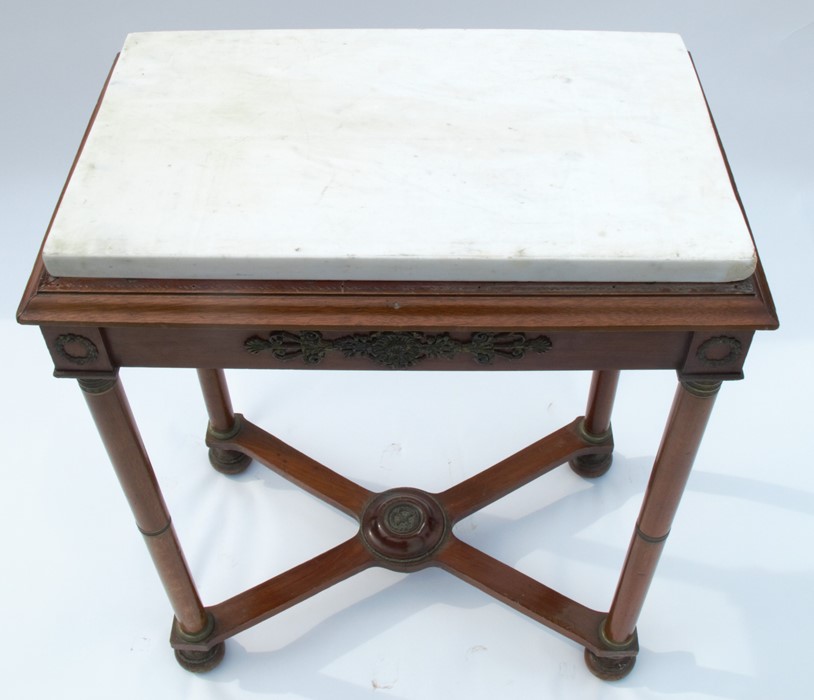 An Empire style marble top centre table, having gilt applied mounts all over, raised on four - Image 2 of 4