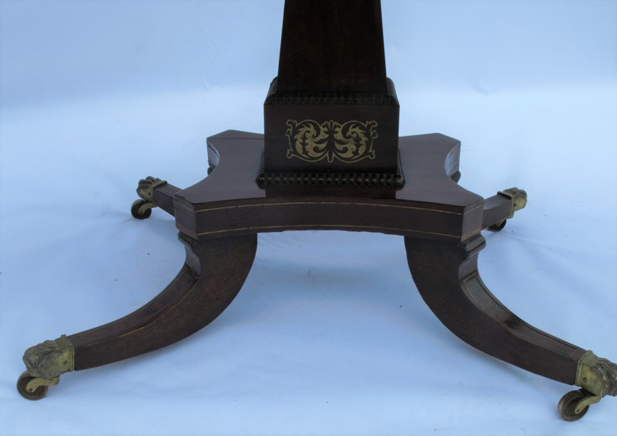 A 19th century rosewood sofa table, with drop flaps, satinwood inlay, fitted with one frieze drawer, - Image 4 of 5