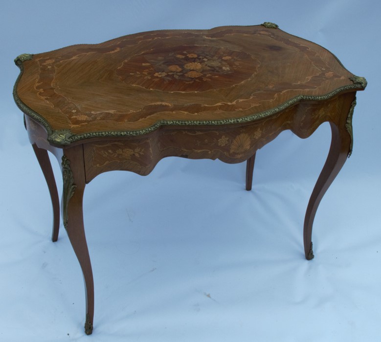 A 19th century style marquetry double serpentine sided centre table, with a central marquetry - Image 2 of 4